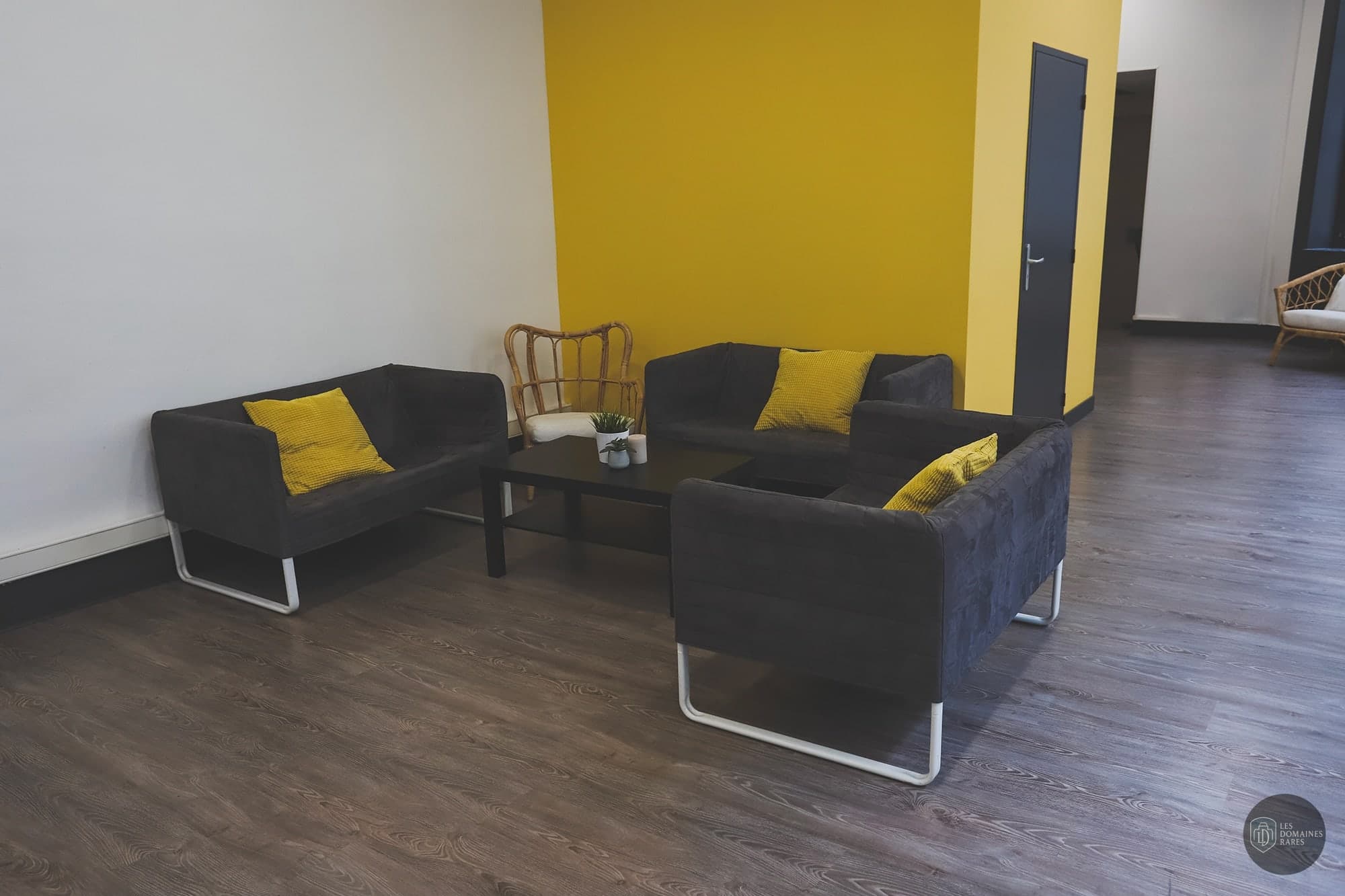 Salon avec canapés gris et jaune