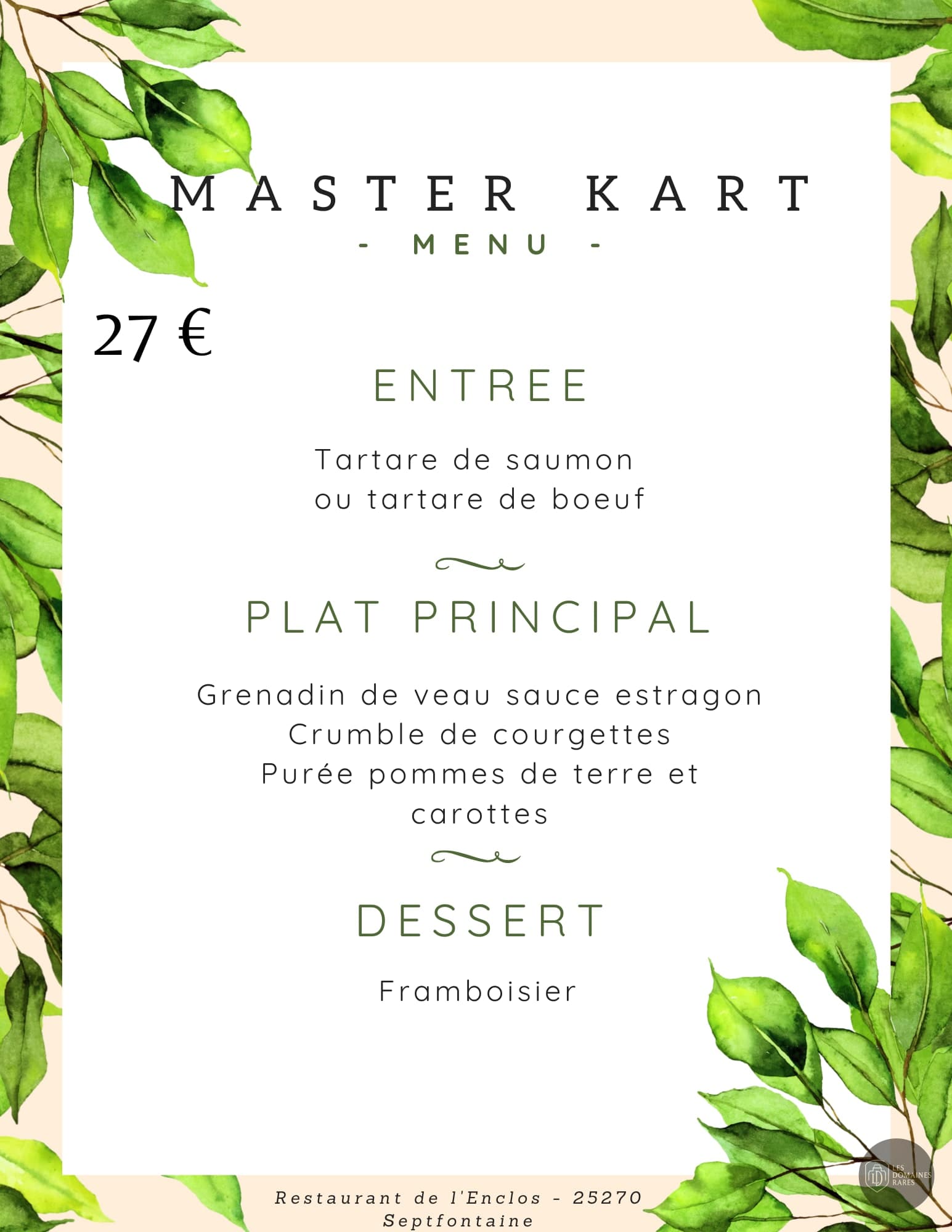 Menu du restaurant Master Kart
