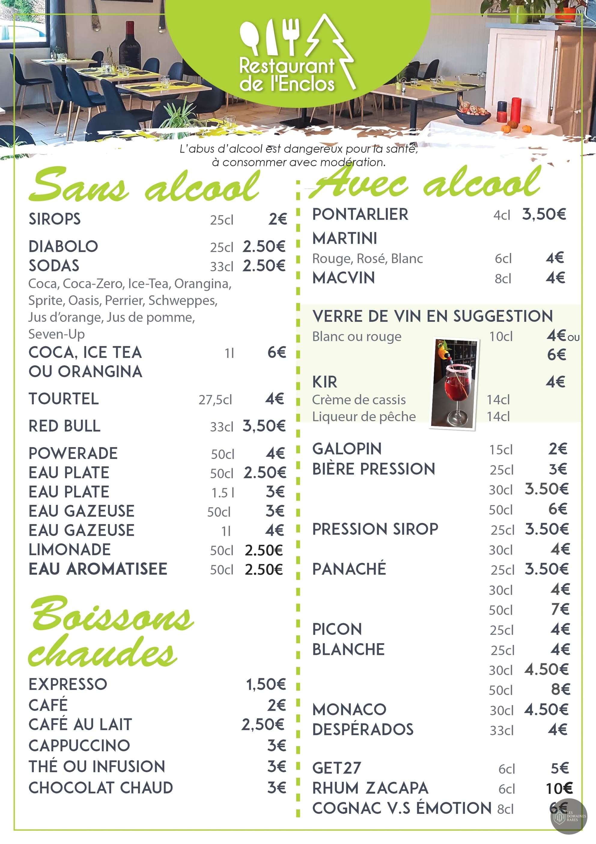 Carte des boissons du restaurant