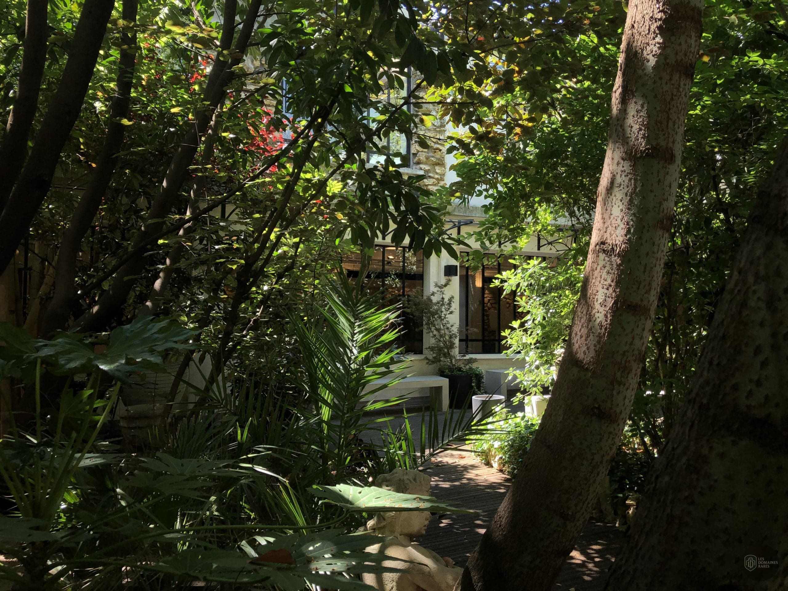 Jardin verdoyant avec vue sur bâtiment