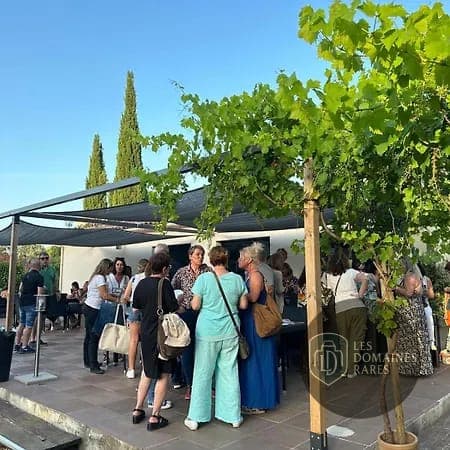Terrasse extérieure avec groupe de personnes