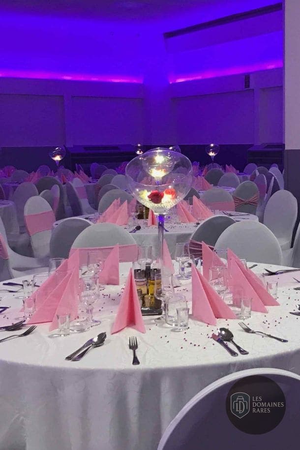 Salle réception éclairage violet tables décorées
