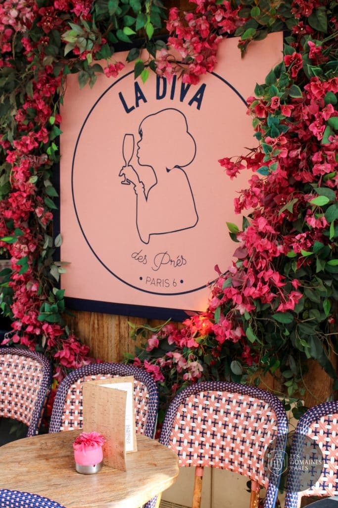 Terrasse fleurie, table et logo