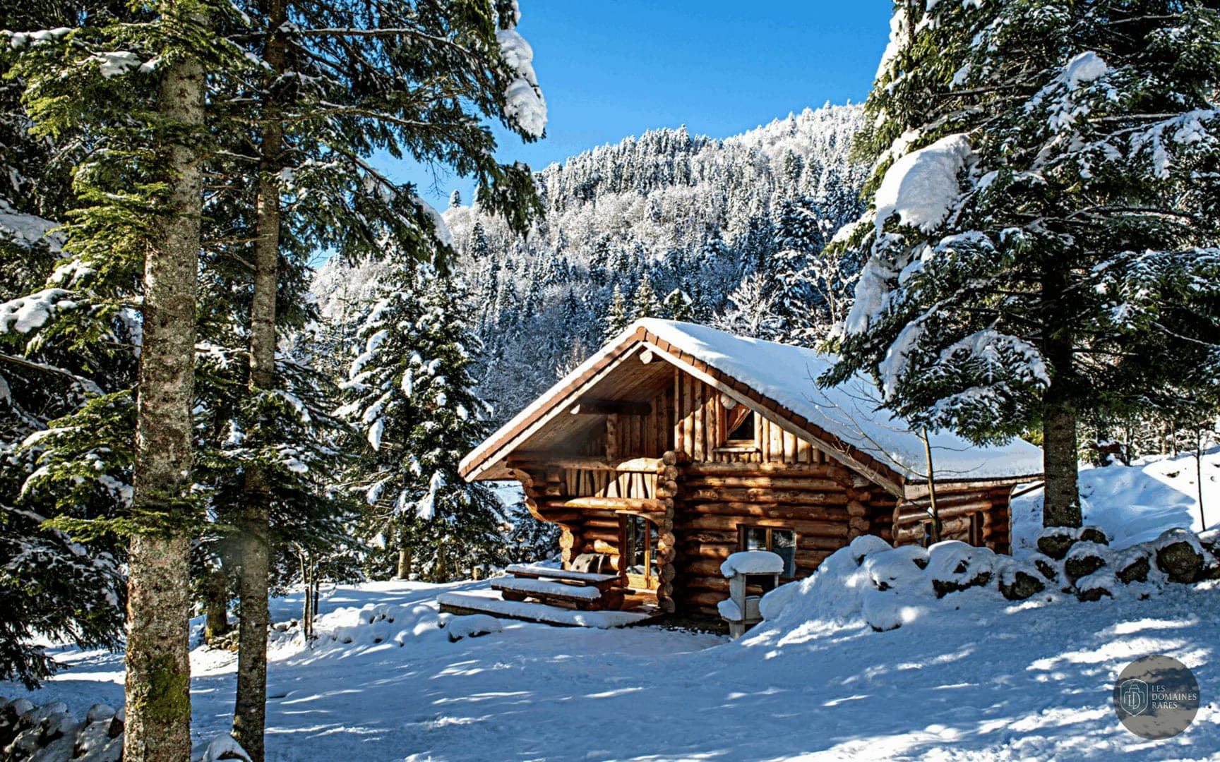 Chalet en bois sous la neige